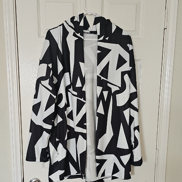 Women's Geo Black and White Colorblock Hooded Open Jacket XL - Picture 6 of 12